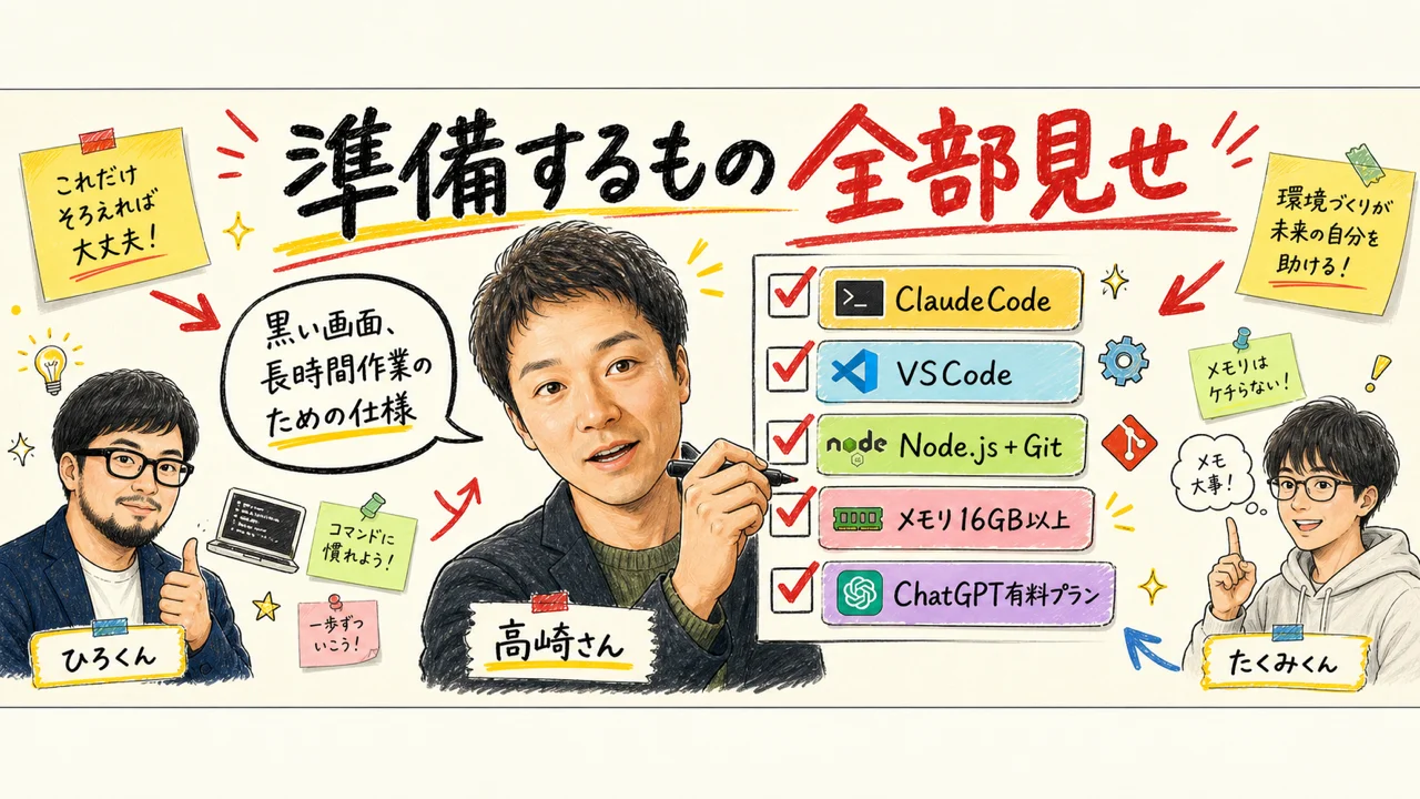 夜の実践会に向けて準備するもの一覧（ClaudeCode・VSCode・Node・Git・メモリ16GB）を整理する見出し画像