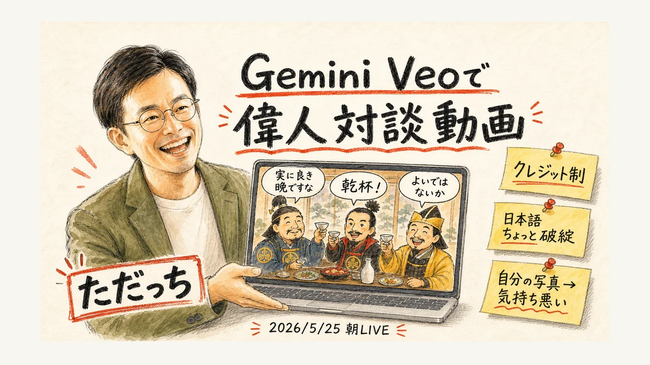 LIVE screenshot: Gemini Veoで作った戦国武将3人の宴会動画をLIVEで披露する場面