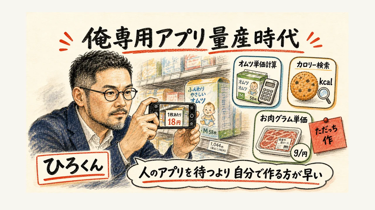 LIVE screenshot: オムツ単価計算アプリやカロリー検索アプリを実演する場面