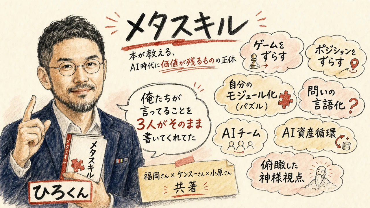 LIVE screenshot: メタスキル本を紹介して、AIに縛られない価値を語るひろくんの場面