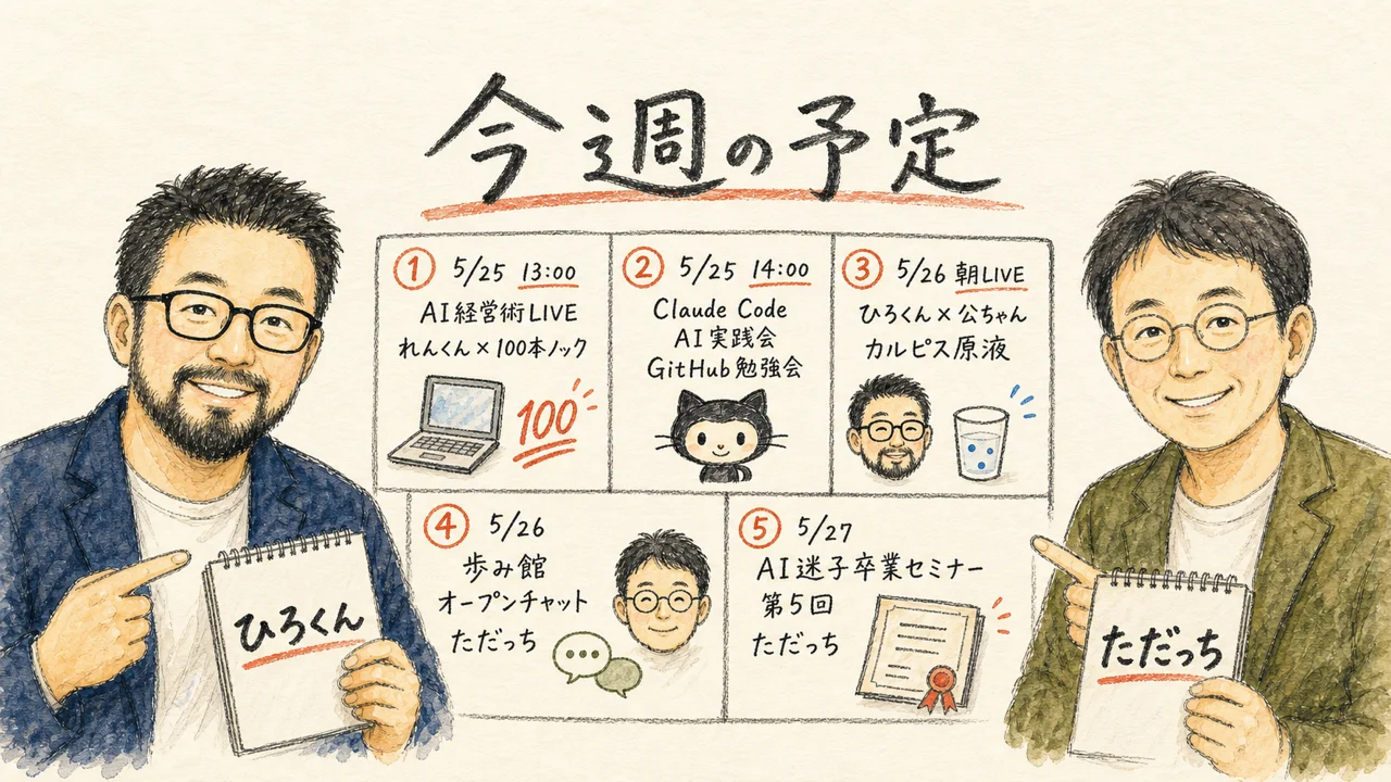 LIVE screenshot: 今週の予定（AI経営術LIVE・GitHub勉強会・カルピス原液LIVE）を案内する場面