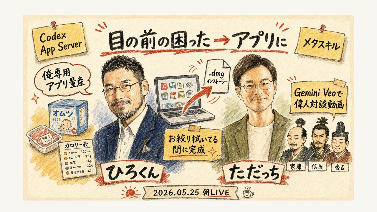 LIVE全体図グラレコ: Codex App Serverで「目の前の困った」をその場でアプリ化する朝LIVE 2026/5/25 ひろくん×ただっち（まとめ用再掲）