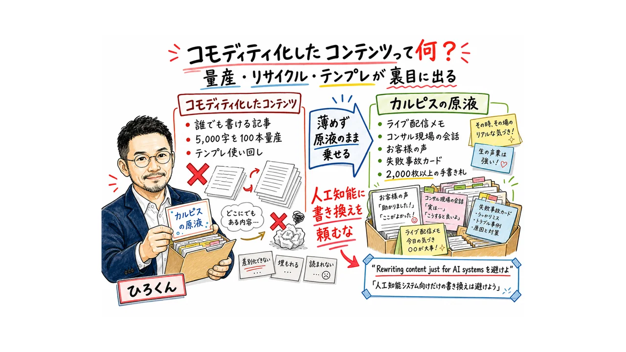 コモディティ化コンテンツとカルピス原液の対比図