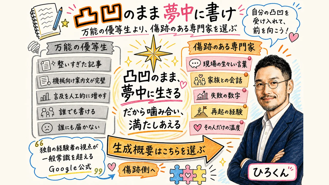 凸凹のまま夢中に書く・AI Overviewsの選択基準の図解