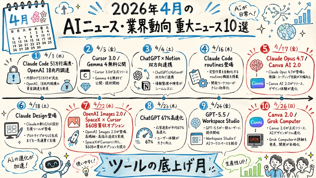 THEME 05 ／ 2026年4月のAIニュース・業界動向 重大ニュース10選 グラレコ図解