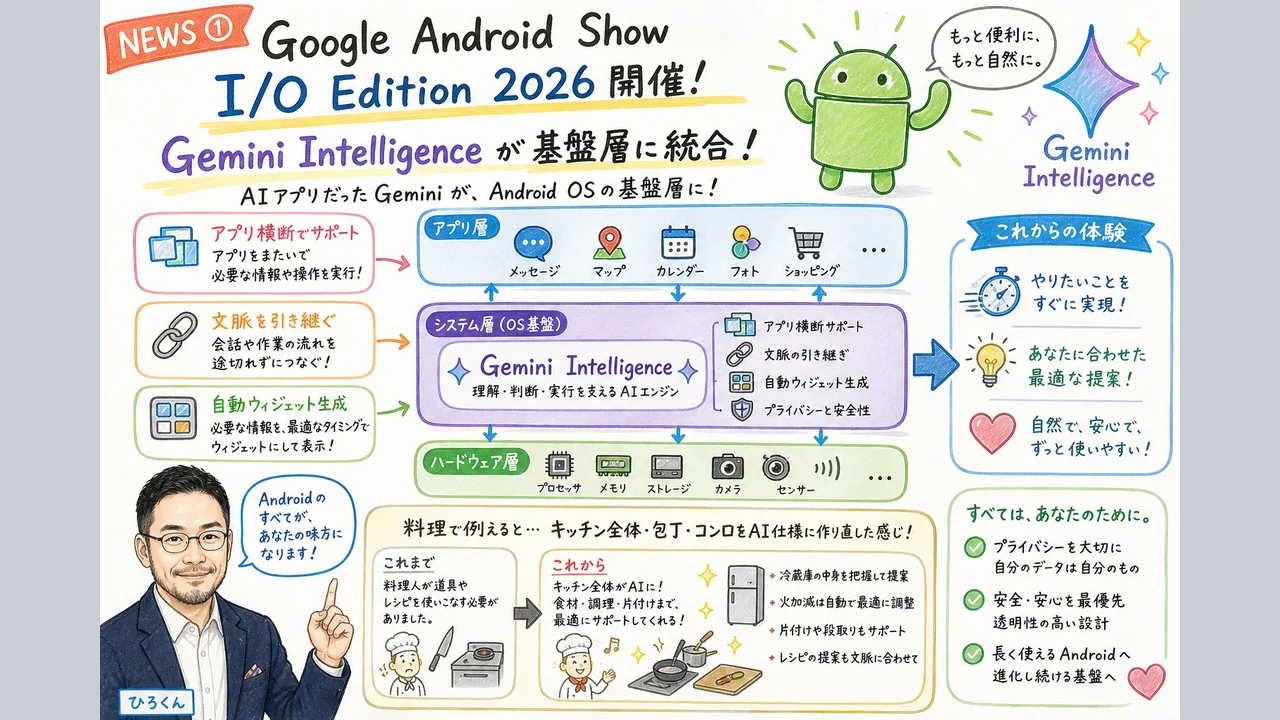Google Android Show I/O Edition 2026 Gemini Intelligence発表のグラレコ