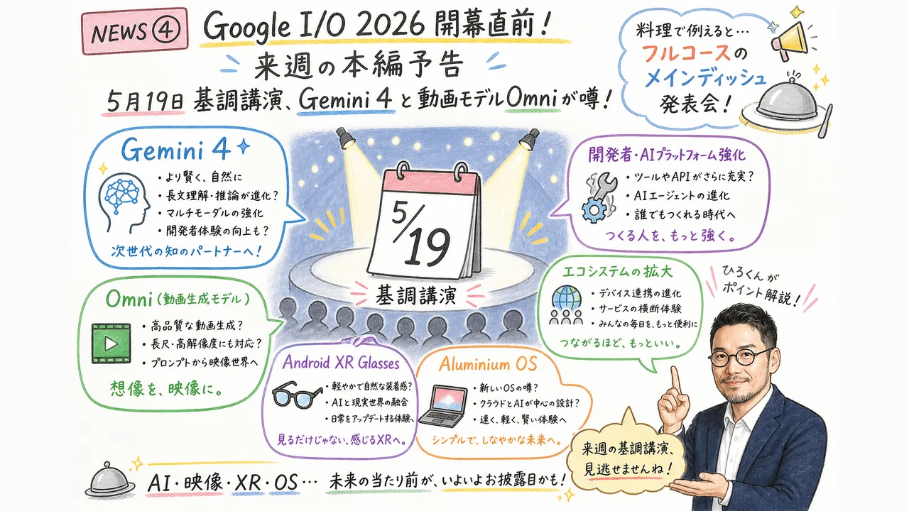 Google I/O 2026 5月19日基調講演 Gemini 4 Omniのグラレコ