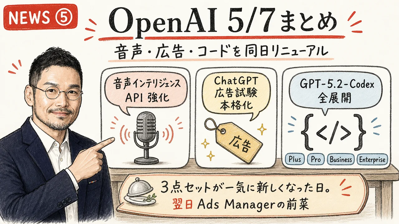 OpenAI 5月7日 音声API GPT-5.2-Codex 広告