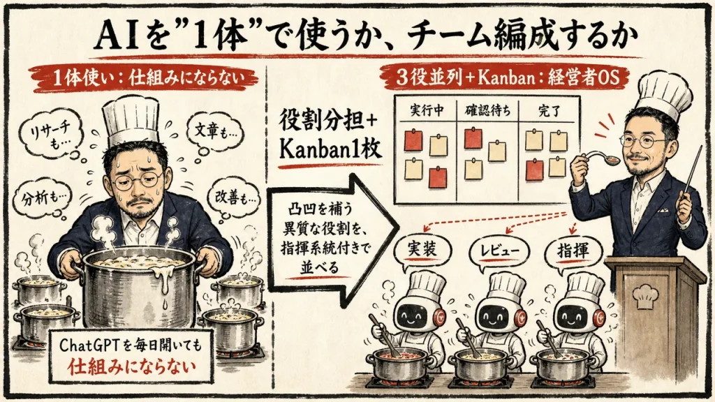 AIを1体で使う vs 並列チーム化＋Kanban1枚で組む経営者OS 全体図解