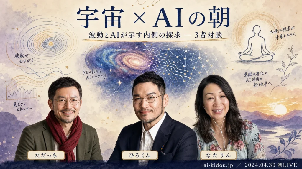 AI氣道GPTs研究会モーニングLIVE 2024年4月30日 宇宙×AIサミット特別版 — ただっち（AI共創ディレクター）・ひろくん（田中啓之）・なたりん（オーストラリア在住・波動×AIサミット主催）の3人対談グラレコアイキャッチ