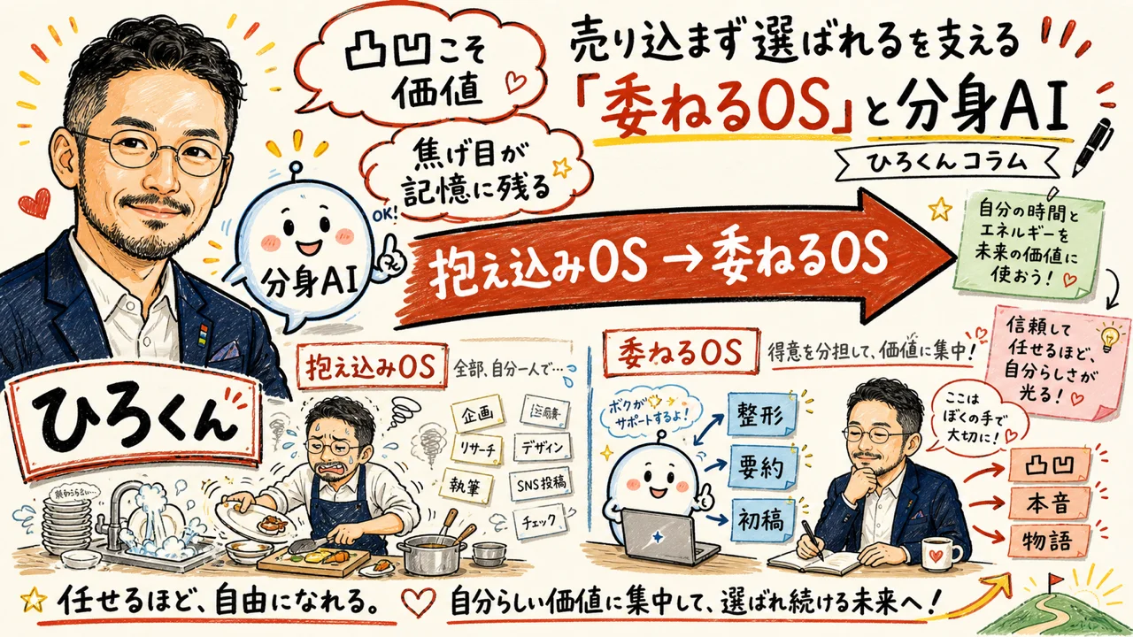 ひろくんと分身AI — 売り込まず選ばれるを支える委ねるOSのコラム図解