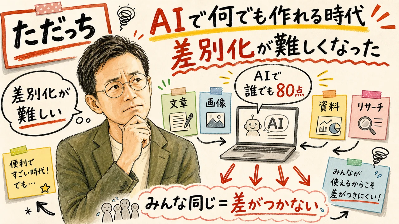 AIで誰でも作れる時代 — 差別化が難しくなった構造をただっちが解説する図解