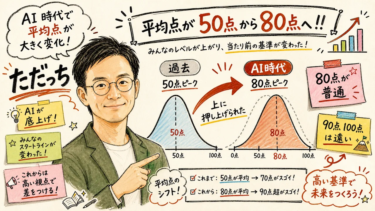 平均点が50点から80点へ — AI時代の競争構造の変化をただっちが図解