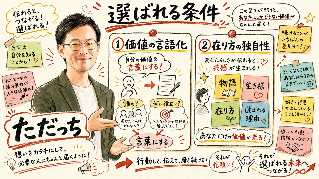 選ばれる人の条件① 価値の言語化と ② 在り方の独自性をただっちが解説する図解