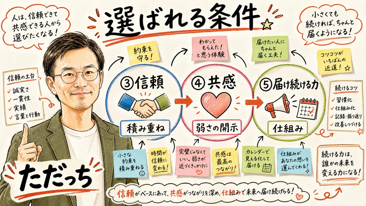 選ばれる人の条件③信頼 ④共感 ⑤届け続ける力をただっちが解説する図解
