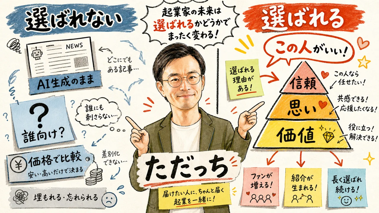 選ばれない起業家と選ばれる起業家の違いをただっちが対比する図解