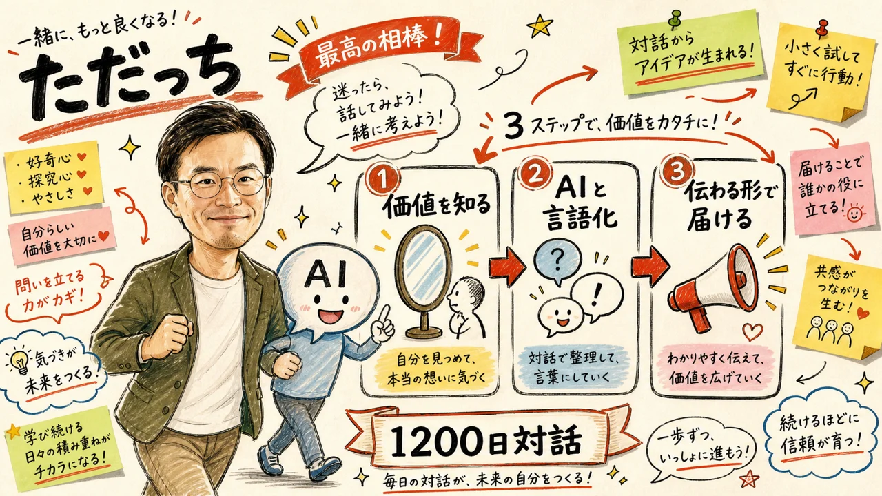 AIを相棒にする — 選ばれる起業家になる3ステップをただっちが解説する図解