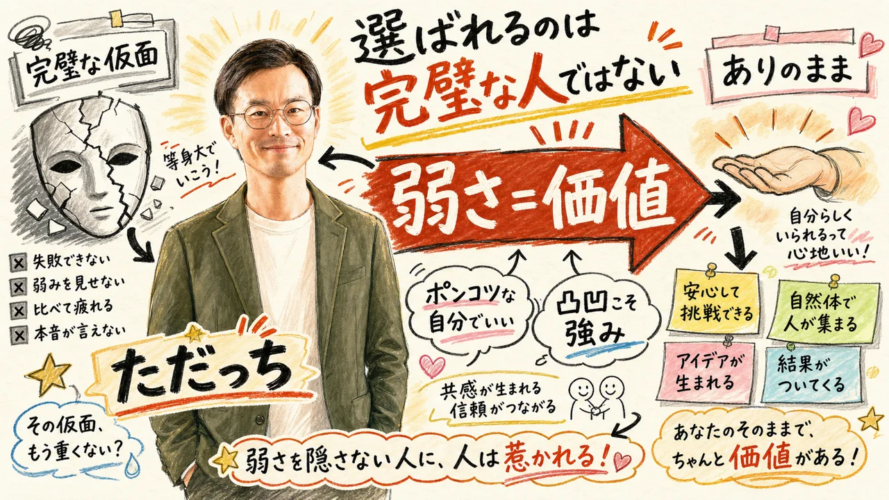 選ばれるのは完璧な人ではない — 弱さこそ最強の差別化というただっちのメッセージ図解