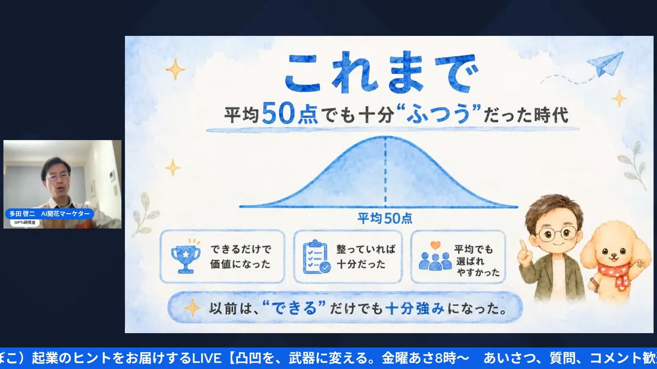 平均点80点時代を解説するただっちのスライドシーン（06:17地点）