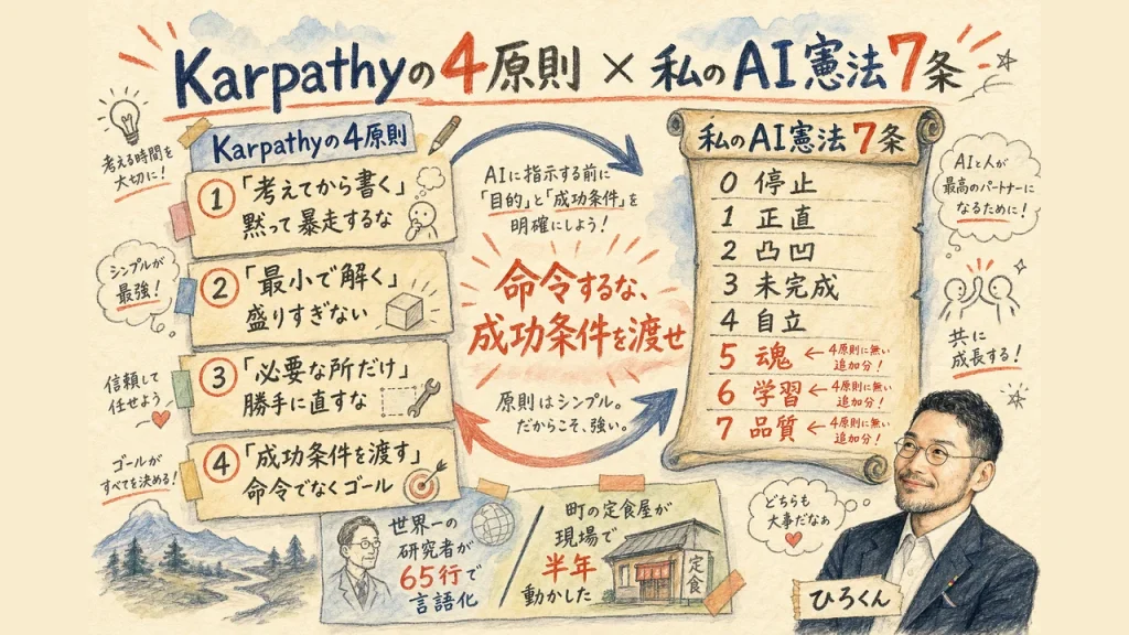 Karpathyの4原則とひろくんのAI憲法7条が呼応する全体図解