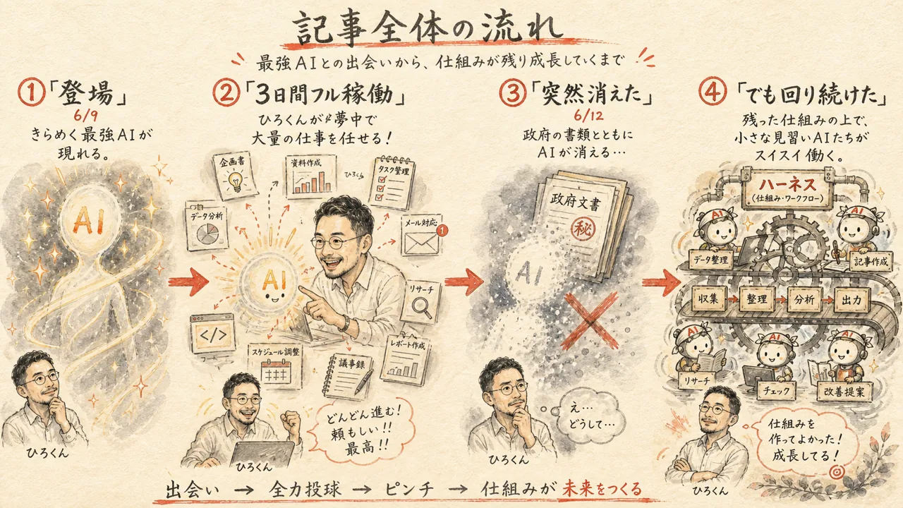 記事全体の流れ：最強AIが登場→3日フル稼働→突然消えた→でも仕組みで回り続けた