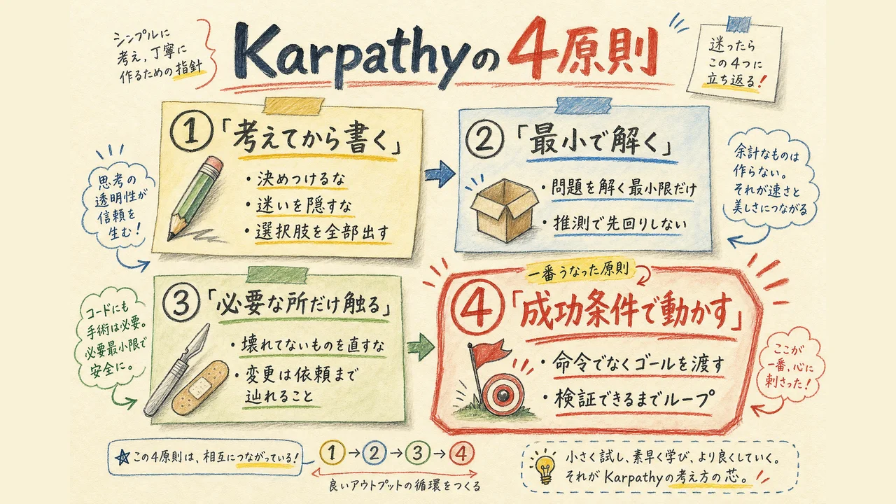 Karpathyの4原則（考える・最小・必要な所だけ・成功条件）の図解