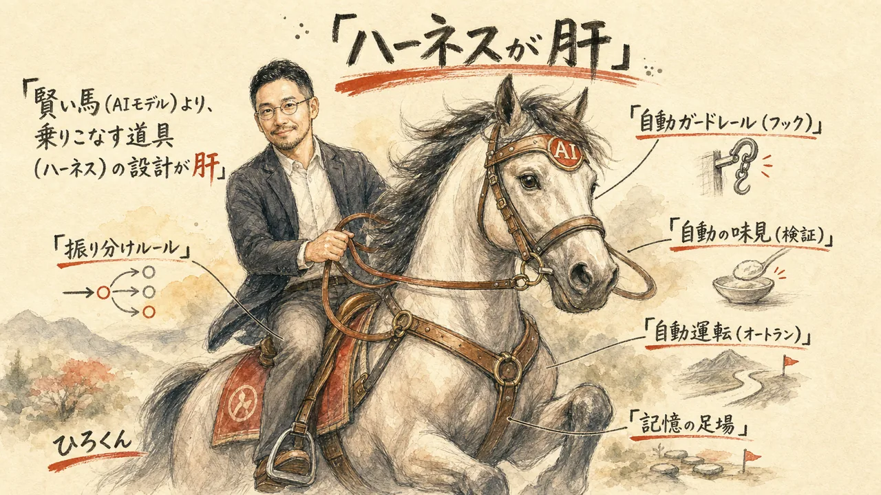 AIという馬をハーネス（フック・検証・オートラン・振り分け・記憶）で乗りこなす
