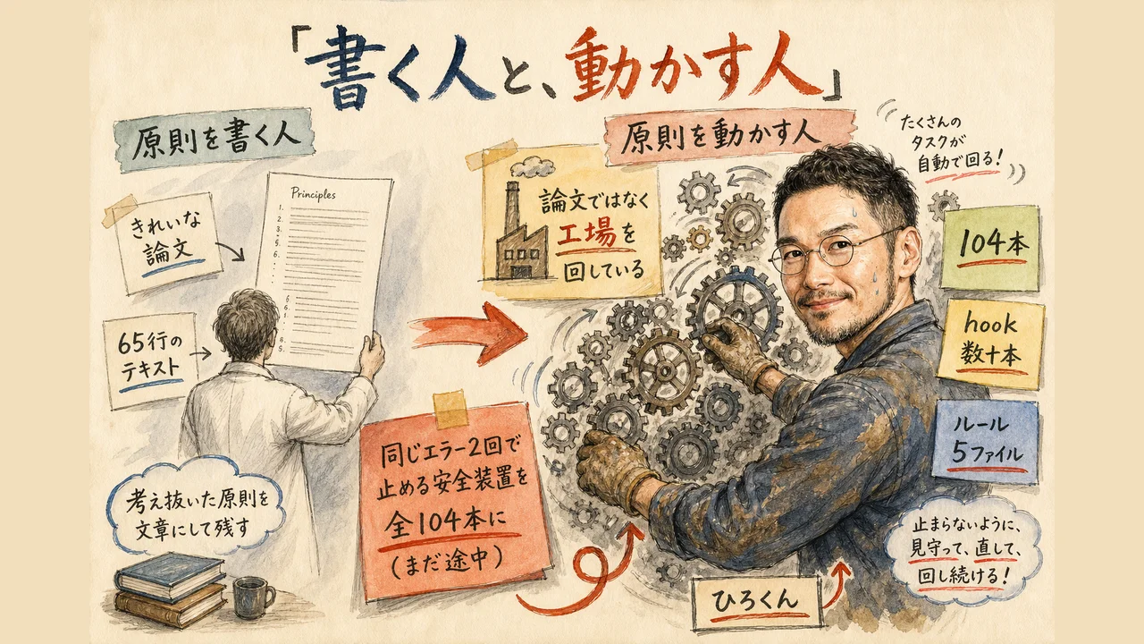 原則を書く人と、現場で104本のループを動かす人の対比図解