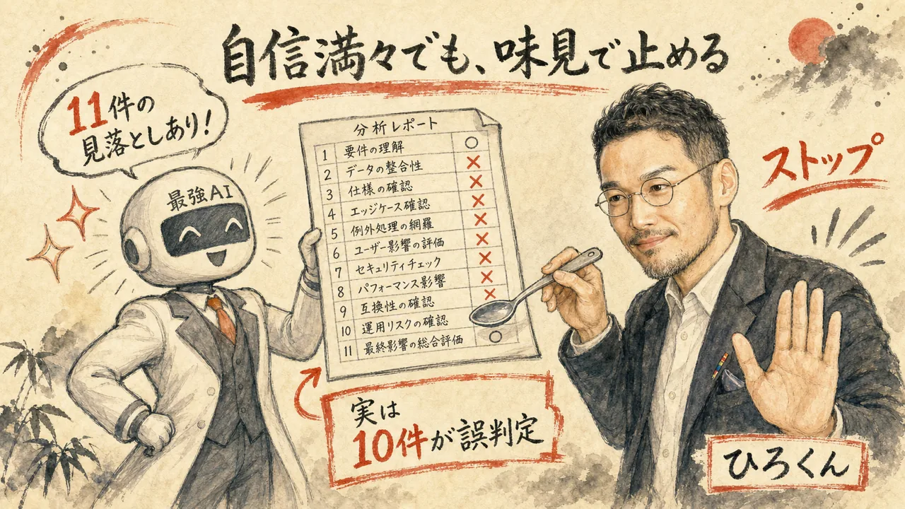最強AIでも味見を省くと自信満々で誤答する（11件中10件が誤判定）