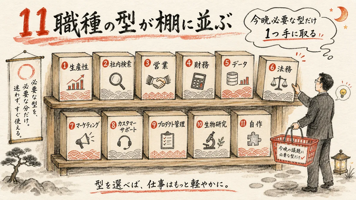 11職種の型が棚に並ぶ——必要な型だけ1つ手に取る図解
