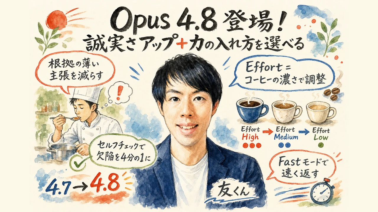 Claude Opus 4.8 誠実さ向上とEffort/Fastモードの図解