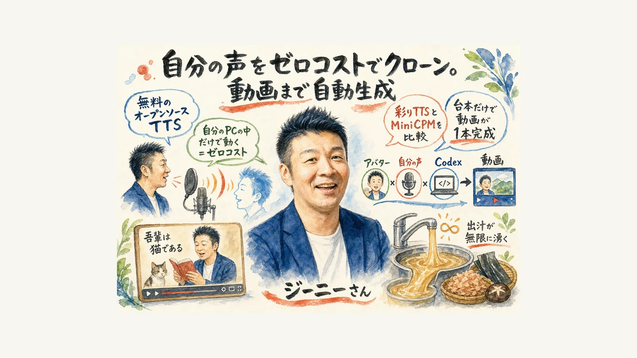 ゼロコスト音声クローン OSS TTSとCodex動画生成の図解