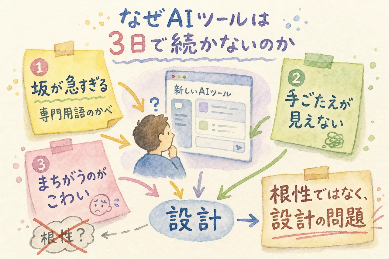 なぜAIツールは3日で続かないのか——坂が急・手応えが見えない・間違うのが怖い、の3つの設計問題