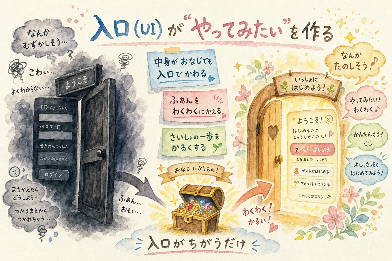 入口（UI）が人の『やってみたい』を作る——同じ中身でも怖い扉と楽しい扉で反応が変わる