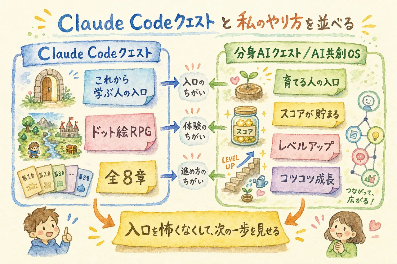 Claude Codeクエストと私のやり方の比較——学ぶ人の入口と育てる人の入口