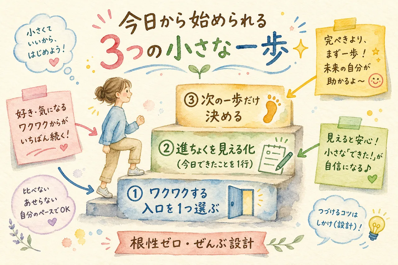 今日から始められる3つの小さな一歩——入口を選ぶ・進捗を見える化・次の一歩だけ決める