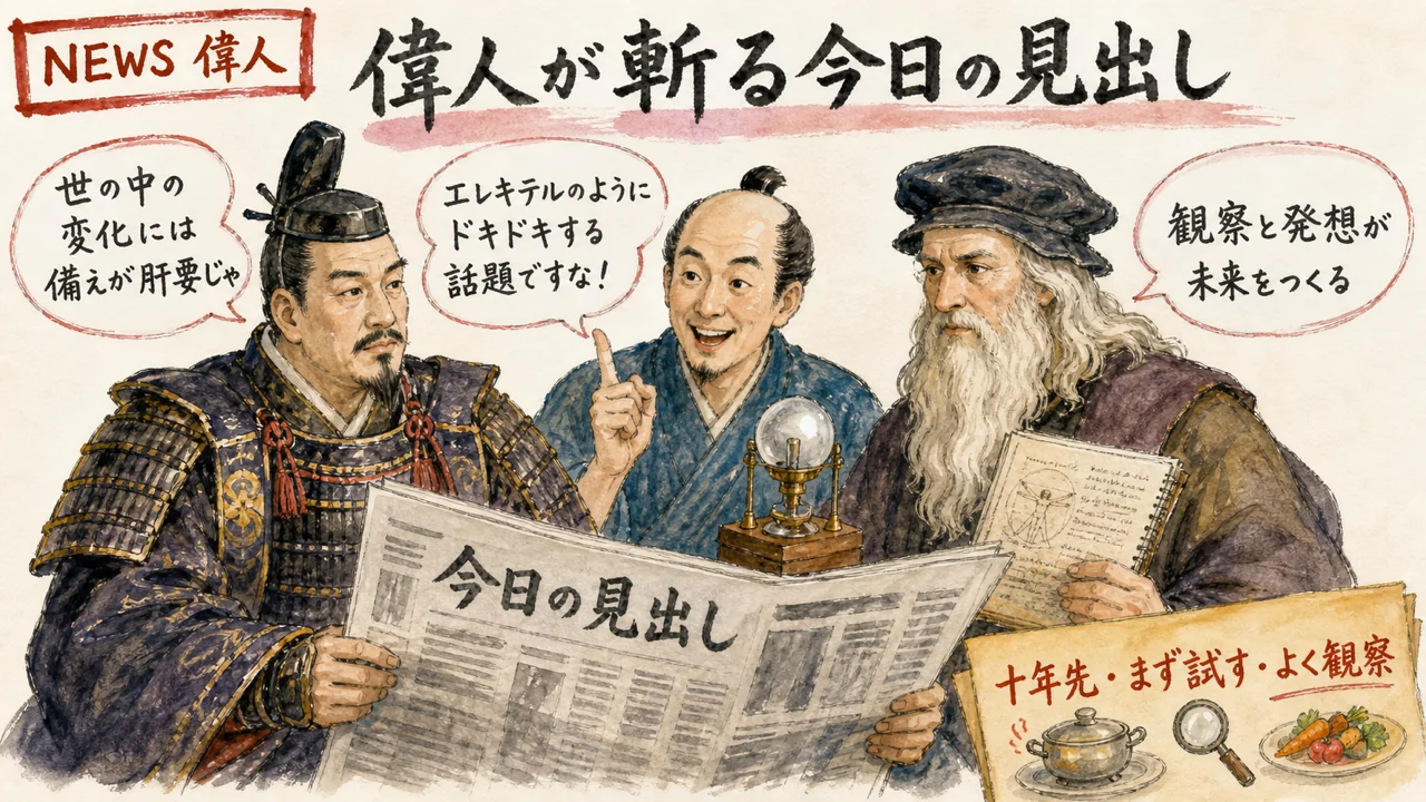 AI偉人 徳川家康 平賀源内 レオナルド・ダ・ヴィンチ 今日の見出しを斬る グラレコ