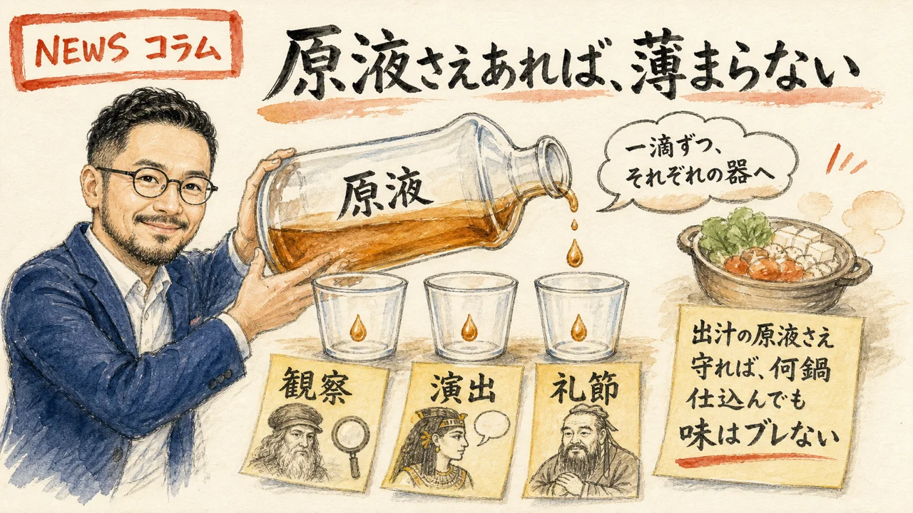 ひろくんが原液を1滴、3つのコップに注ぐ図解（ダヴィンチ・クレオパトラ・孔子のテーマ統合）