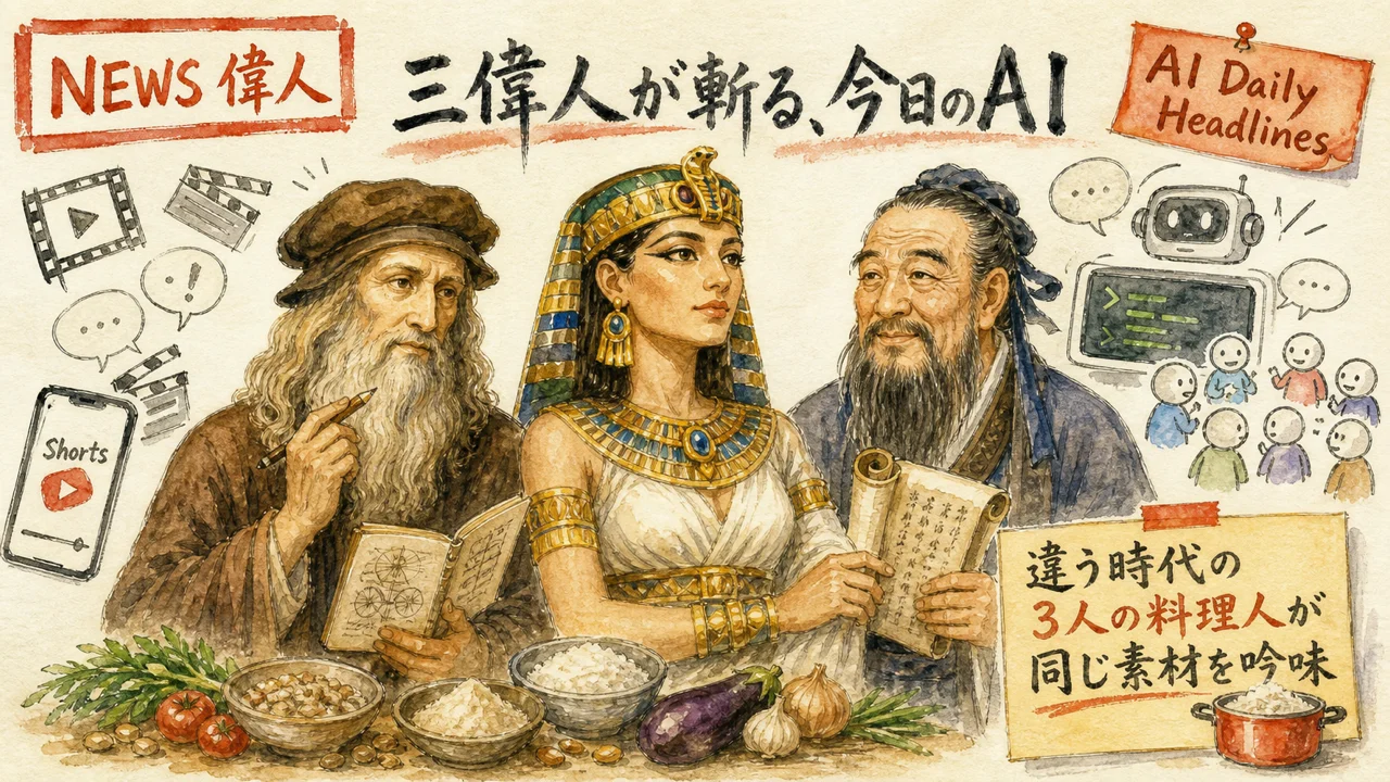 ダ・ヴィンチ・クレオパトラ・孔子の3偉人がAIニュースを語る集合図解
