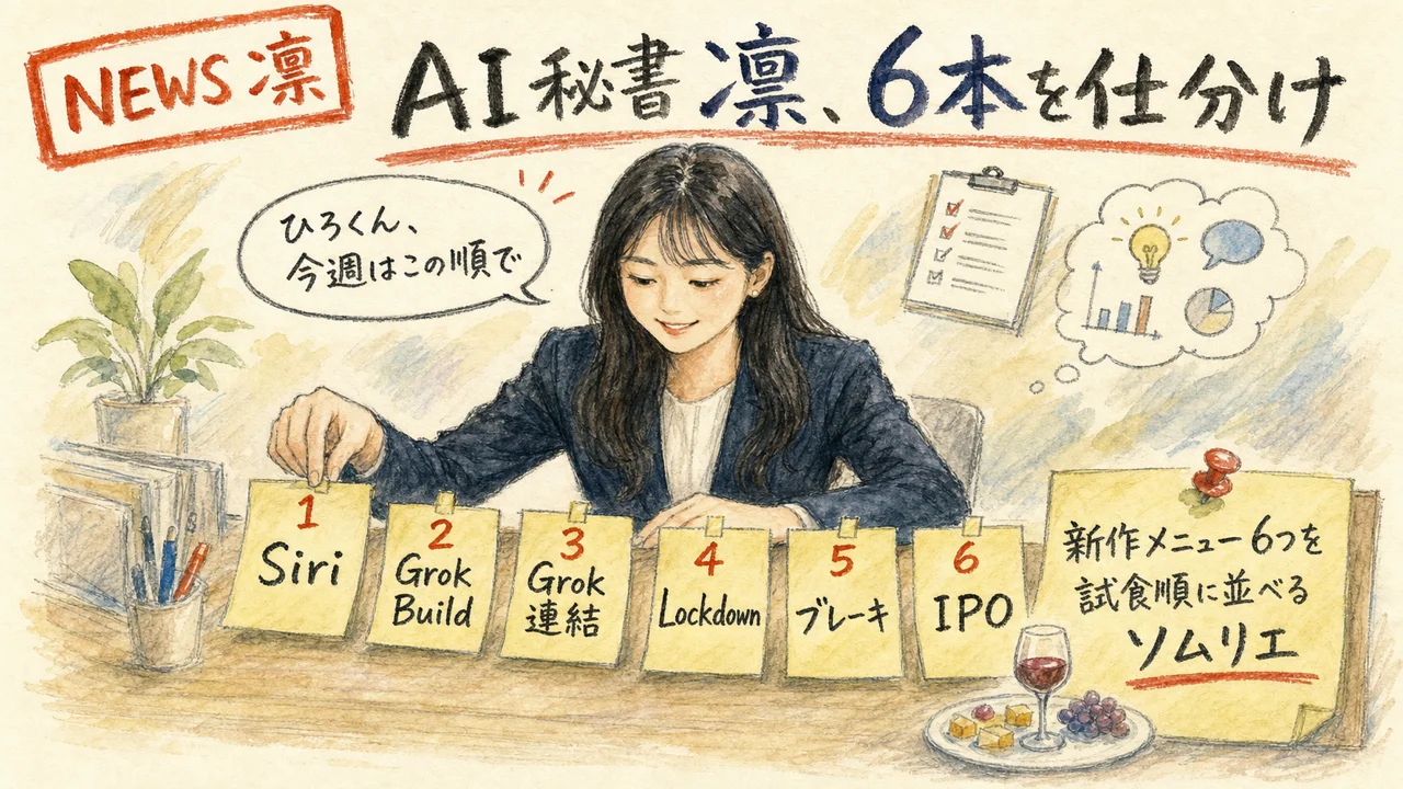 AI秘書の凛が6つのニュースを優先順位カードで整理する図解