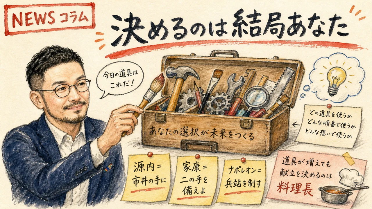 ひろくんが原液を3つのコップに注ぐ図解（源内・家康・ナポレオンの3視点統合）