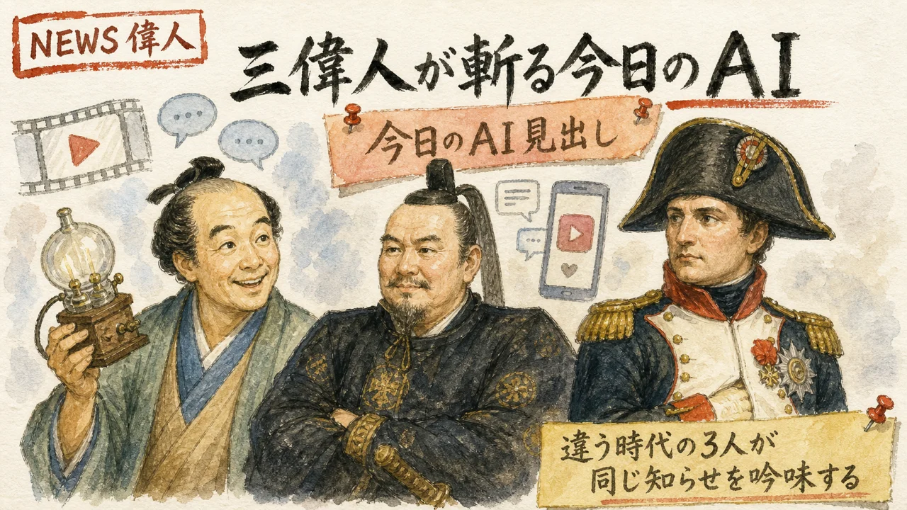 平賀源内・徳川家康・ナポレオンの3偉人がAIニュースを語る集合図解