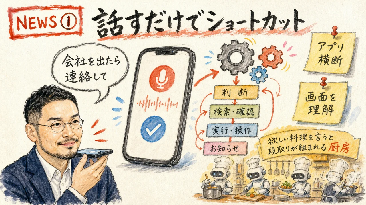 ヘッドライン1番目 Shortcutsが“話すだけ”で作れる時代へ — App Actions・画面認識でApple Intelligenceが自動化を解放 のグラレコ図解