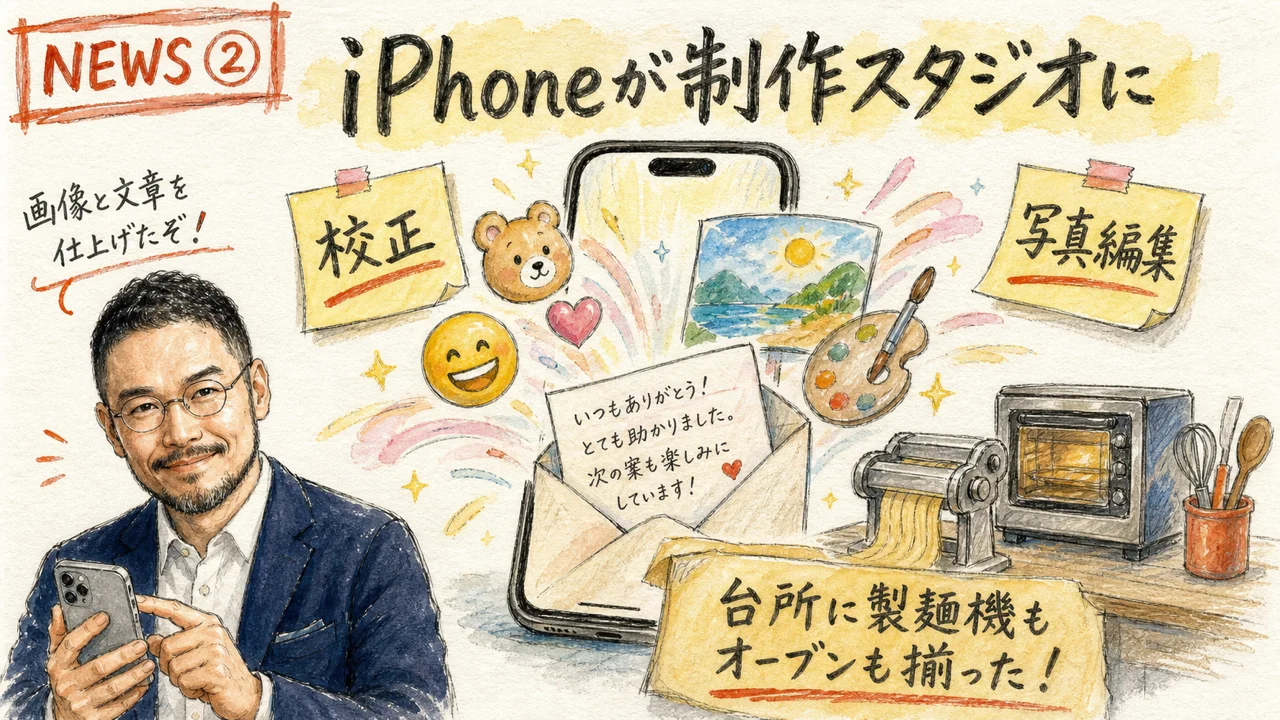 ヘッドライン2番目 Image Playground・Genmoji・“自分の文体”Smart Reply強化 — iPhoneが“端末内コンテンツ制作スタジオ”に のグラレコ図解