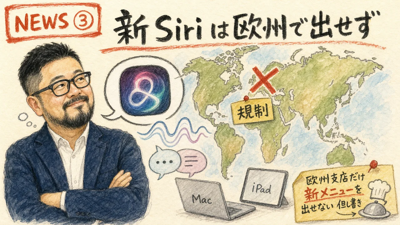 ヘッドライン3番目 新「Siri AI」正式版が始動（Gemini頭脳・AFM Cloud Pro）— ただしEUでは規制で出荷できない のグラレコ図解