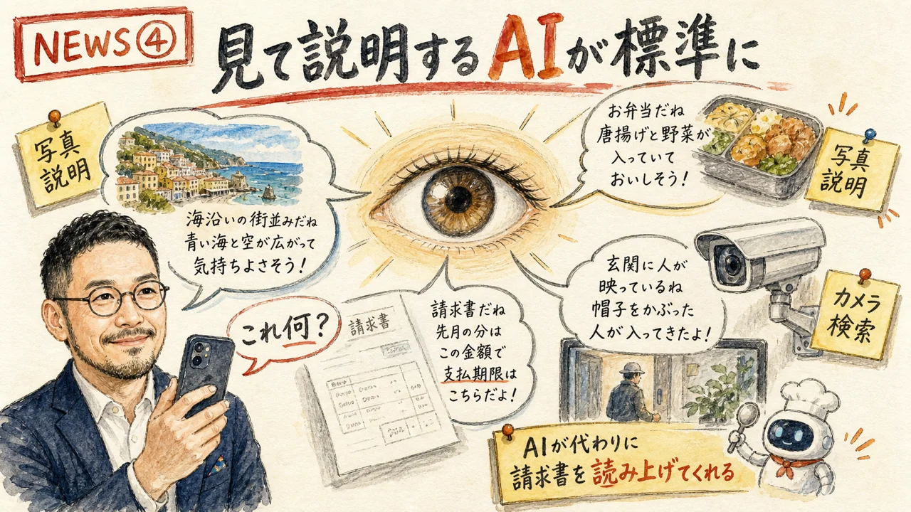 ヘッドライン4番目 VoiceOver Image Explorer・Ask Magnifier・Homeカメラ説明AI — 「見て、説明する」AIが標準搭載に のグラレコ図解