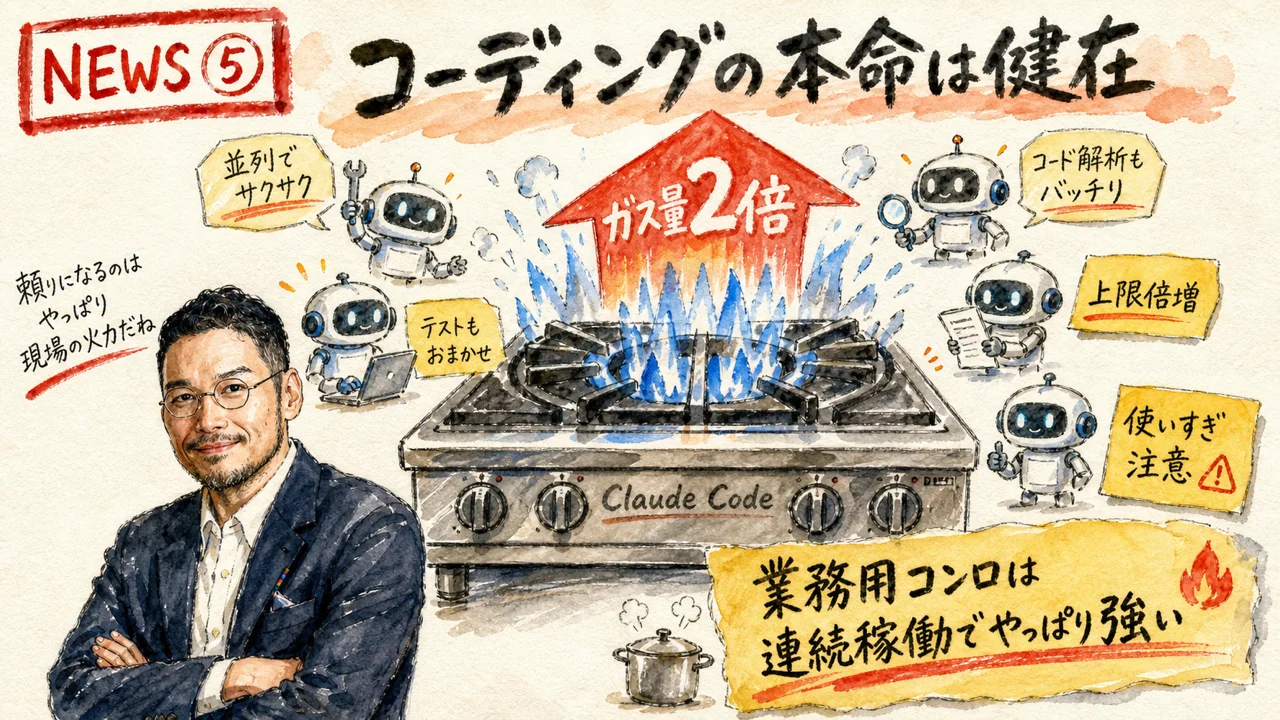 ヘッドライン5番目 Claude Code / Opus 4.8 定点 — Apple純正AI参戦でも、コーディングAIの本命は健在（利用上限は5月に倍増済み） のグラレコ図解