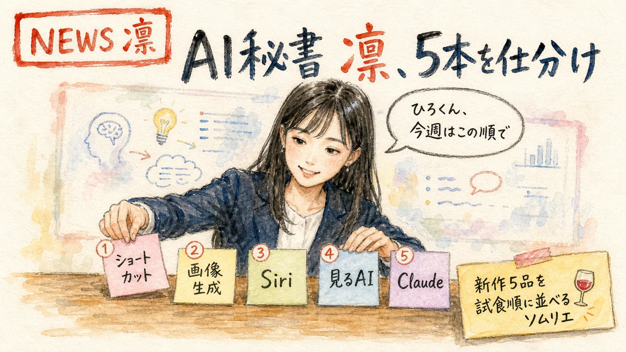 AI秘書の凛が5つのニュースを優先順位カードで整理する図解