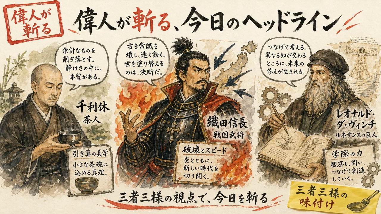 千利休・織田信長・レオナルド・ダ・ヴィンチが今日のヘッドラインを語るグラフィックレコーディング