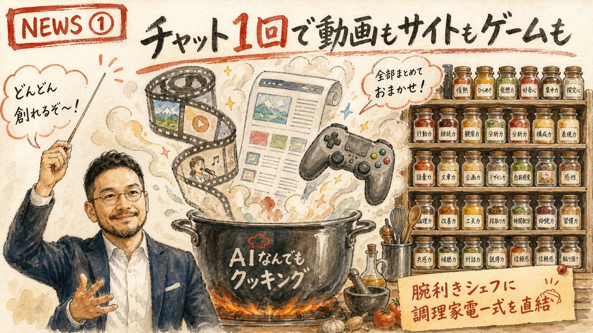 大きな鍋から動画フィルムやゲームのコントローラーが生まれるグラレコ図解